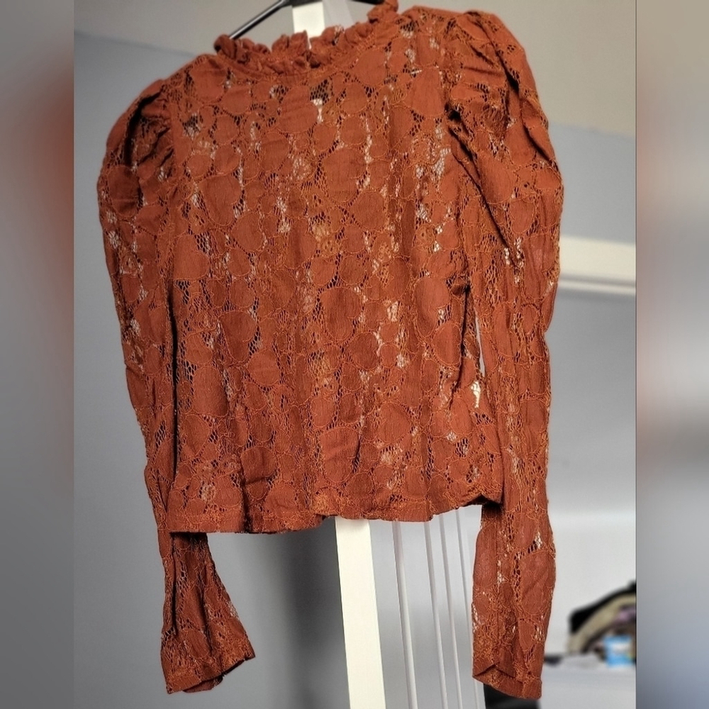 Rust Lace Long Sleeve Blouse with Ruffled Neckline - Picture 2 of 5